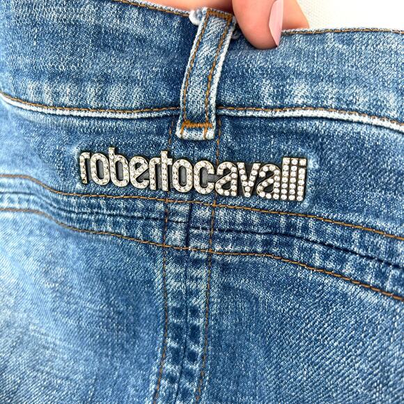 Vintage Roberto Cavalli Y2K Micro Mini Jean Denim Skirt Rhinestone Large - Picture 10 of 12